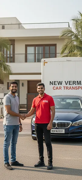 A satisfied customer with a New Verma Car Transport team member after a successful vehicle delivery.