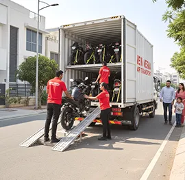 Motorcycle being delivered to a customer, safely offloaded from the truck