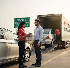 Car being loaded onto a container truck with care and safety measures