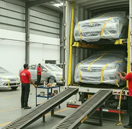 Close-up of vehicle loading process, ensuring safety