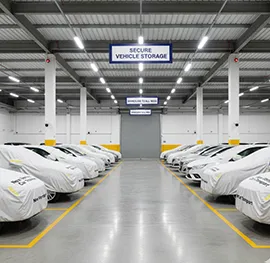 Vehicles safely stored in a secure warehouse
