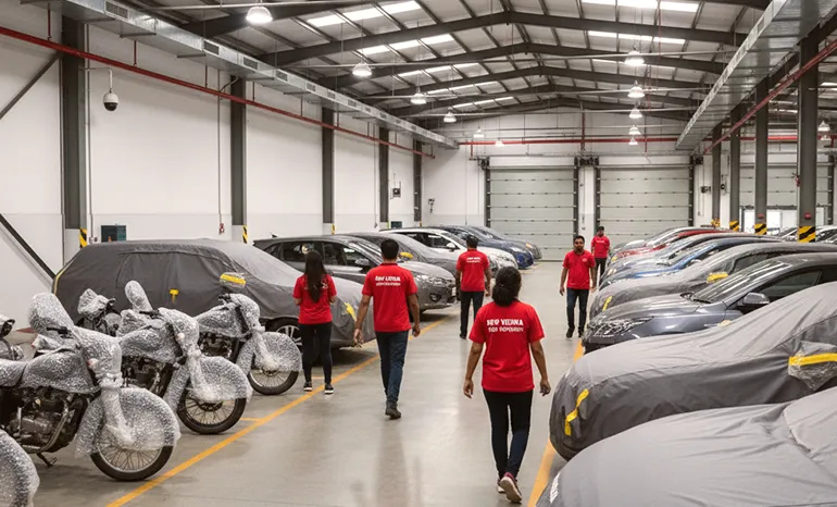 Secure vehicle warehousing and storage solutions in Bangalore, showing cars and bikes safely stored in a facility